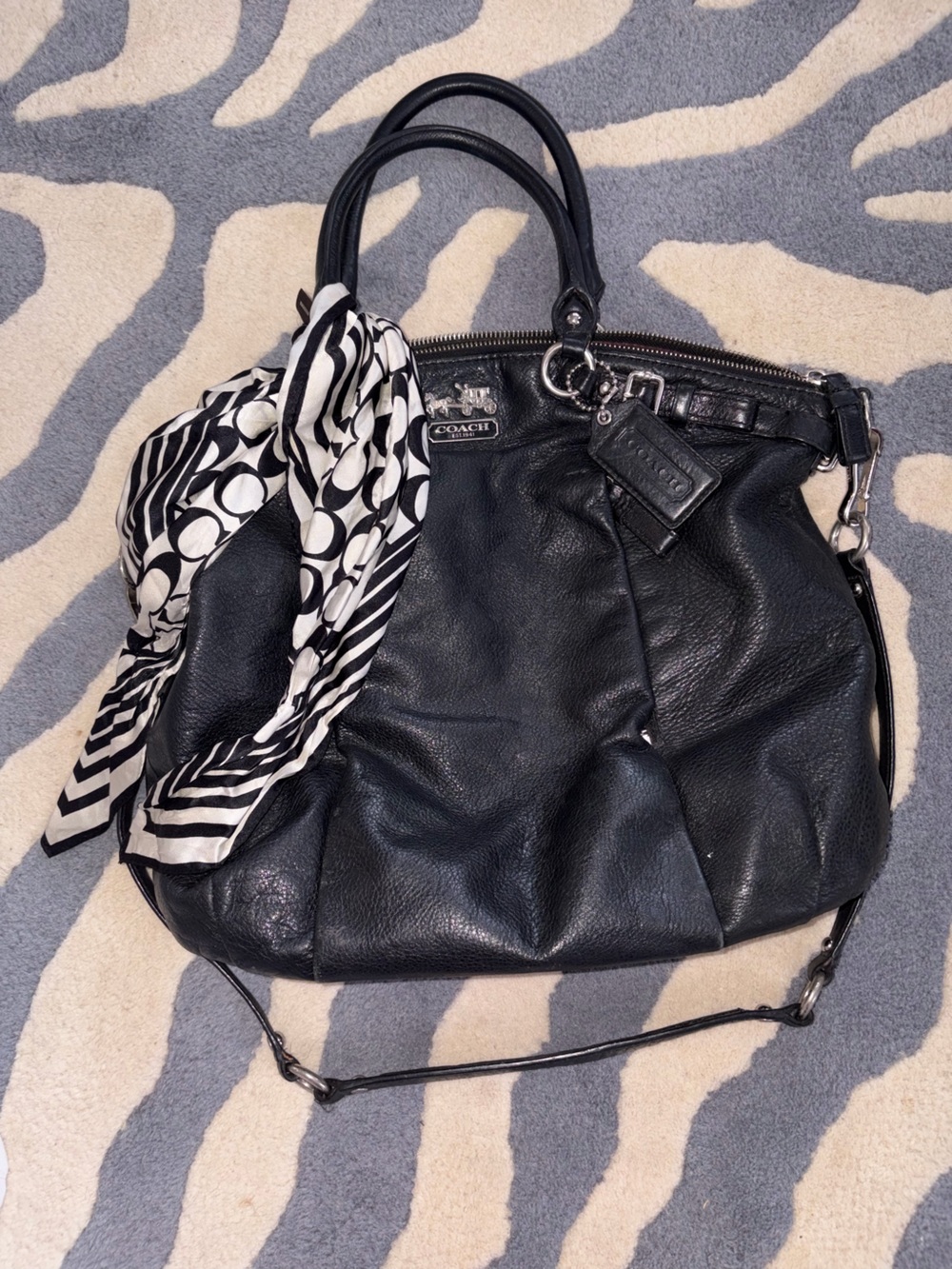 Coach Black Pebbled Leather Shoulder Bag with Black & White Scarf